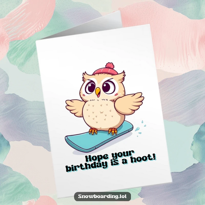 Funny Free Printable Birthday Card: A startled owl comically tumbles off its snowboard, eyes wide with surprise and humor.