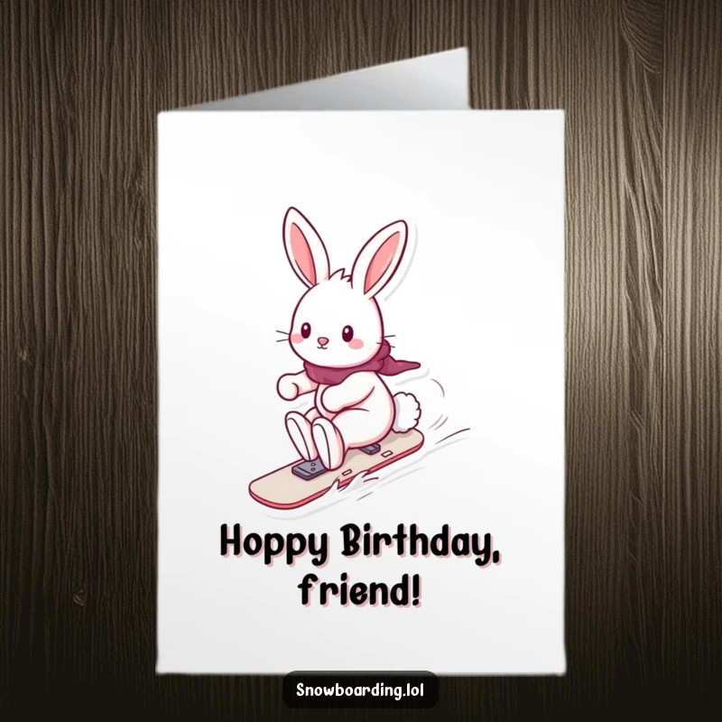 Funny Free Printable Birthday Card: A playful bunny with a fluffy tail rides a snowboard, looking joyful and energetic.