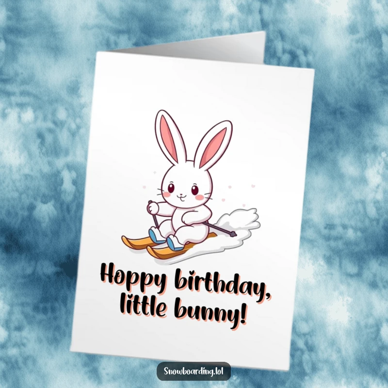 Funny Free Printable Birthday Card: Cheerful bunny carving down a snowy slope with a big smile. Joyful and humorous downloadable greeting.