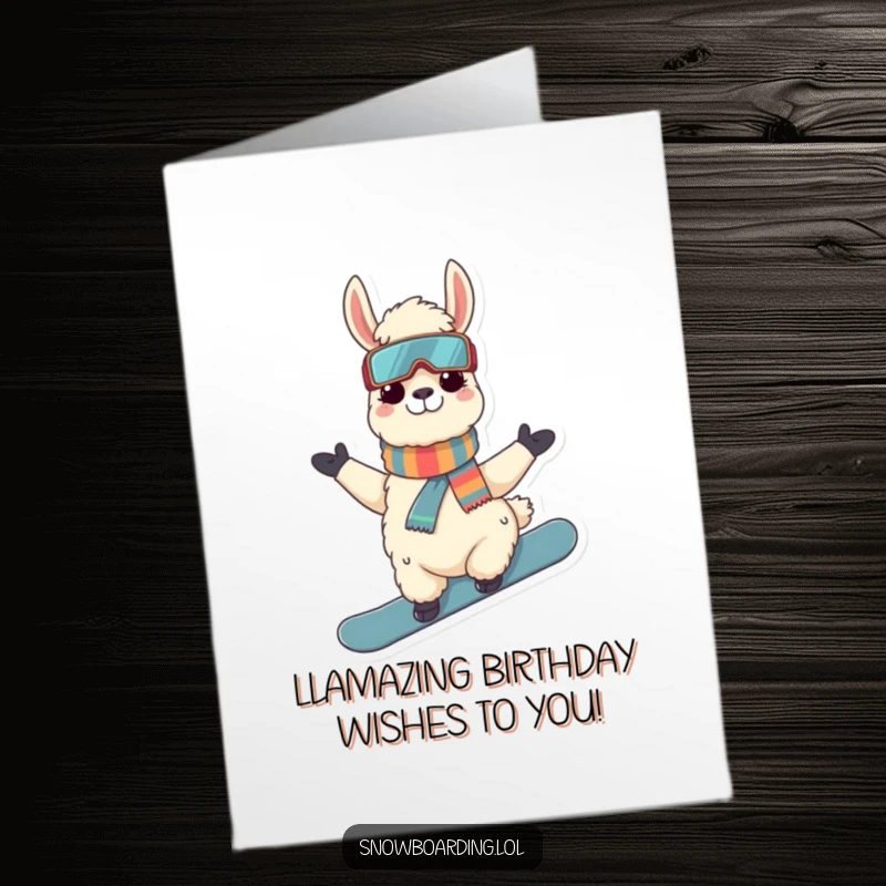 Funny Free Printable Birthday Card: Cool llama striking a pose on its snowboard, ready to shred your party.