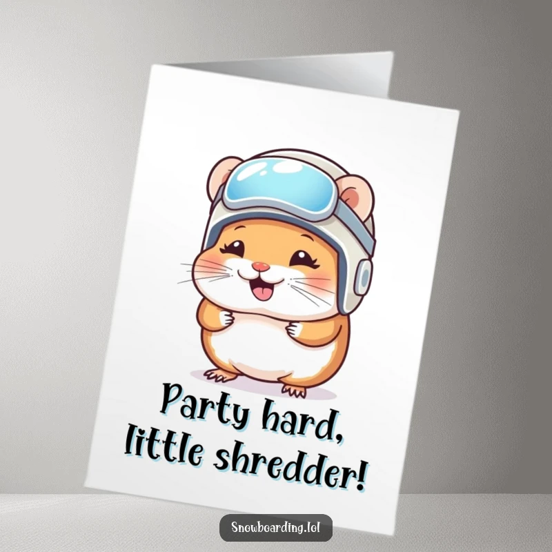 Funny Free Printable Birthday Card: A giggling hamster sports a tiny snowboard helmet, ready for fun.