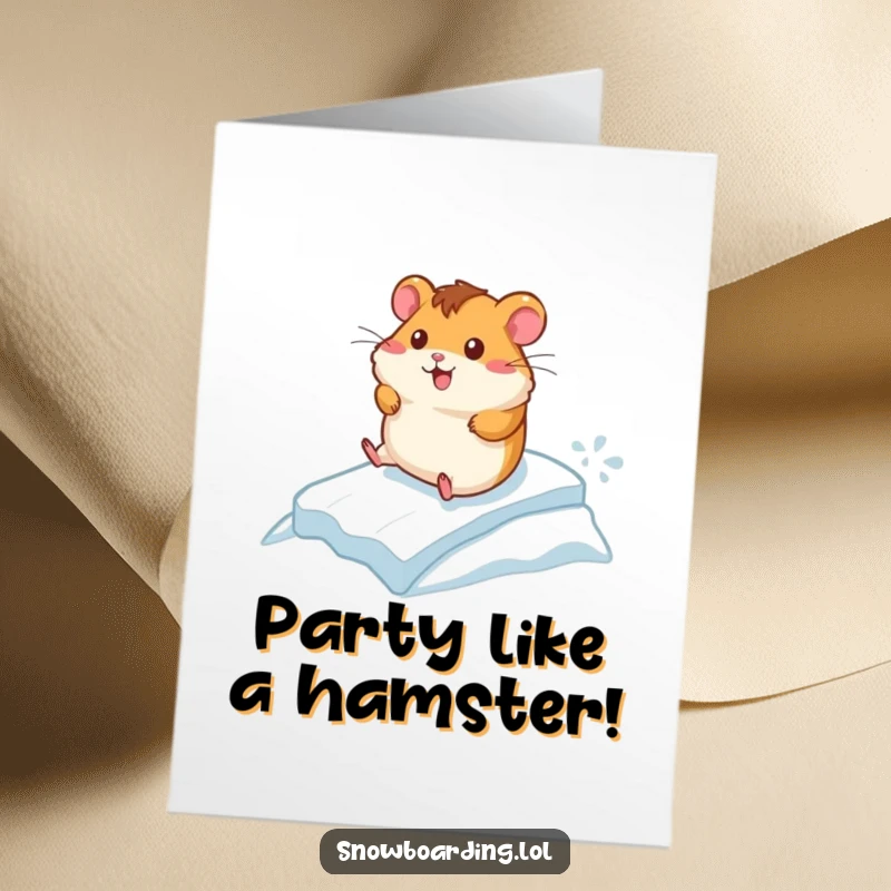 Funny Free Printable Birthday Card: Cheerful hamster zooming down an icy slope, a speedy celebration.