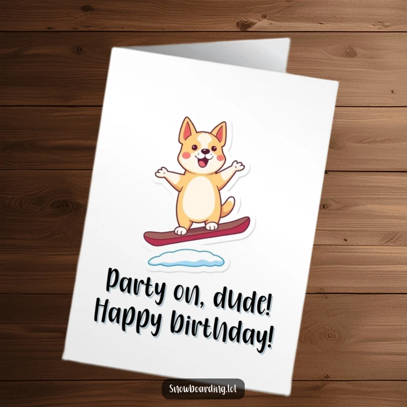 Funny Free Printable Birthday Card featuring a happy dancing dog balancing on a snowboard, celebrating a birthday with flair.