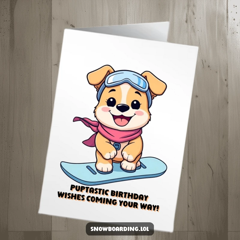 Funny Free Printable Birthday Card: Playful puppy with a big grin rides a snowboard, exuding pure joy.