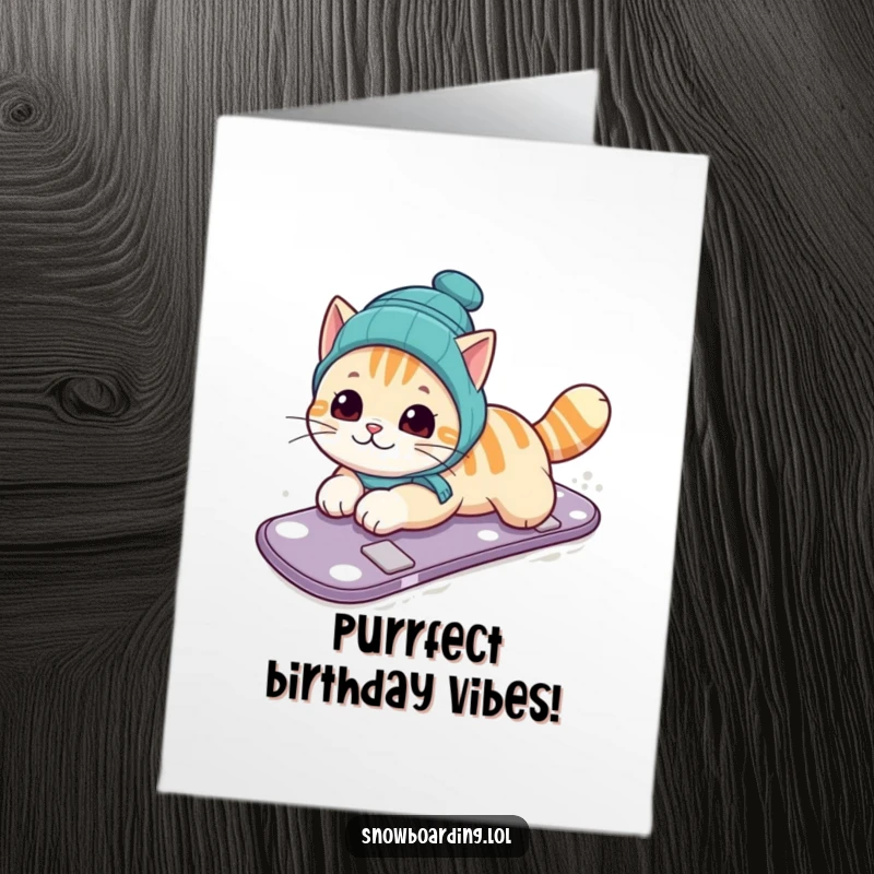Funny Free Printable Birthday Card: Curious cat sliding on its belly on a snowboard, looking mischievous. Comical and humorous downloadable greeting.