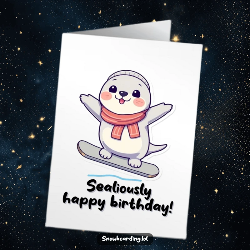 Funny free printable birthday card of a cheerful seal expertly balancing on a snowboard with a big smile.