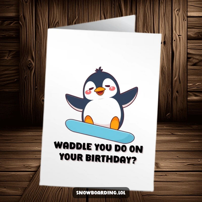 Funny Free Printable Birthday Card: A silly penguin hilariously attempting a snowboarding spin with arms flailing wildly.