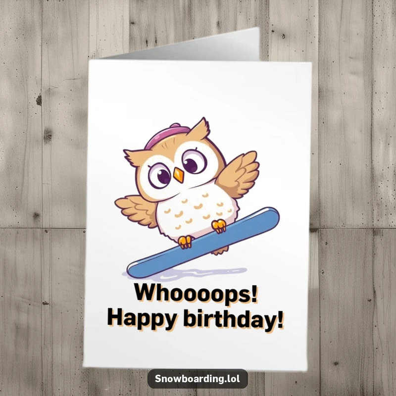 Funny Free Printable Birthday Card featuring a startled owl tumbling off its snowboard, expressing surprise on a birthday.
