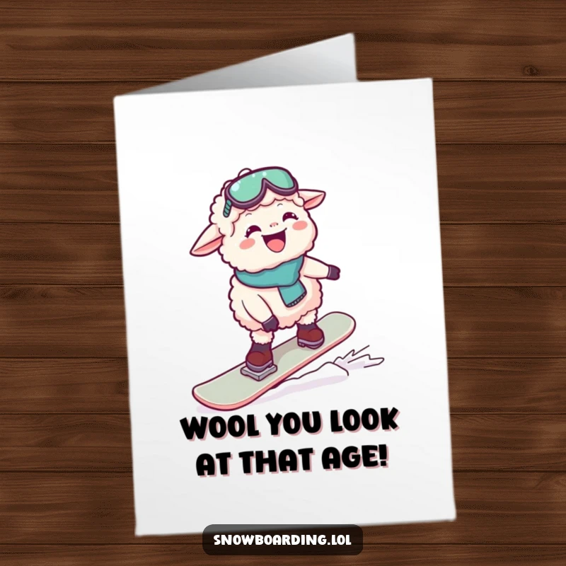 Funny Free Printable Birthday Card of a giddy sheep hilariously failing to balance on a snowboard.