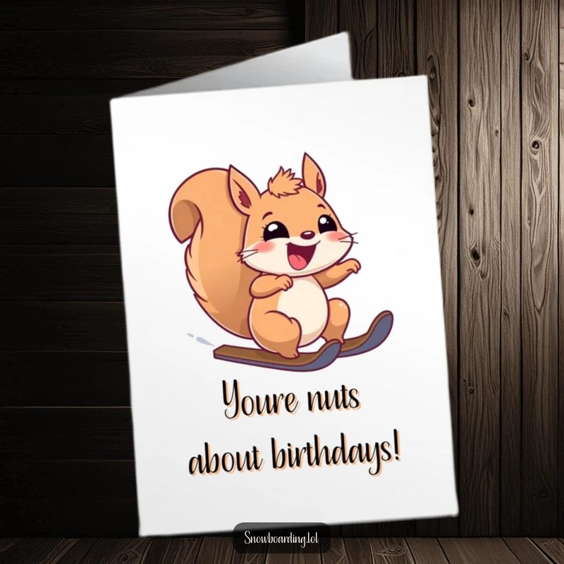 Funny Free Printable Birthday Card of a ecstatic squirrel with wide eyes speeding downhill on an adventure.