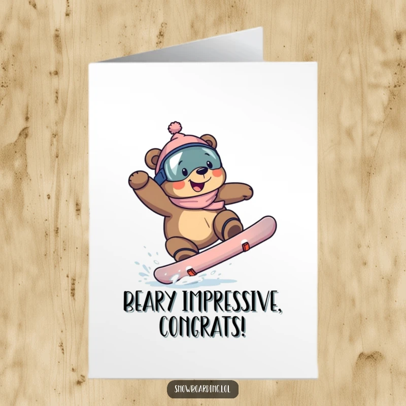 Funny Free Printable Congratulations Card: A bear excitedly landing a snowboarding trick, grinning widely in celebration.