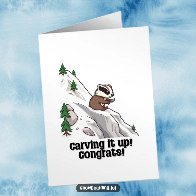 Funny Free Printable Congratulations Card showing a brave badger expertly carving smooth turns down a mountain on a snowboard, celebrating skill.