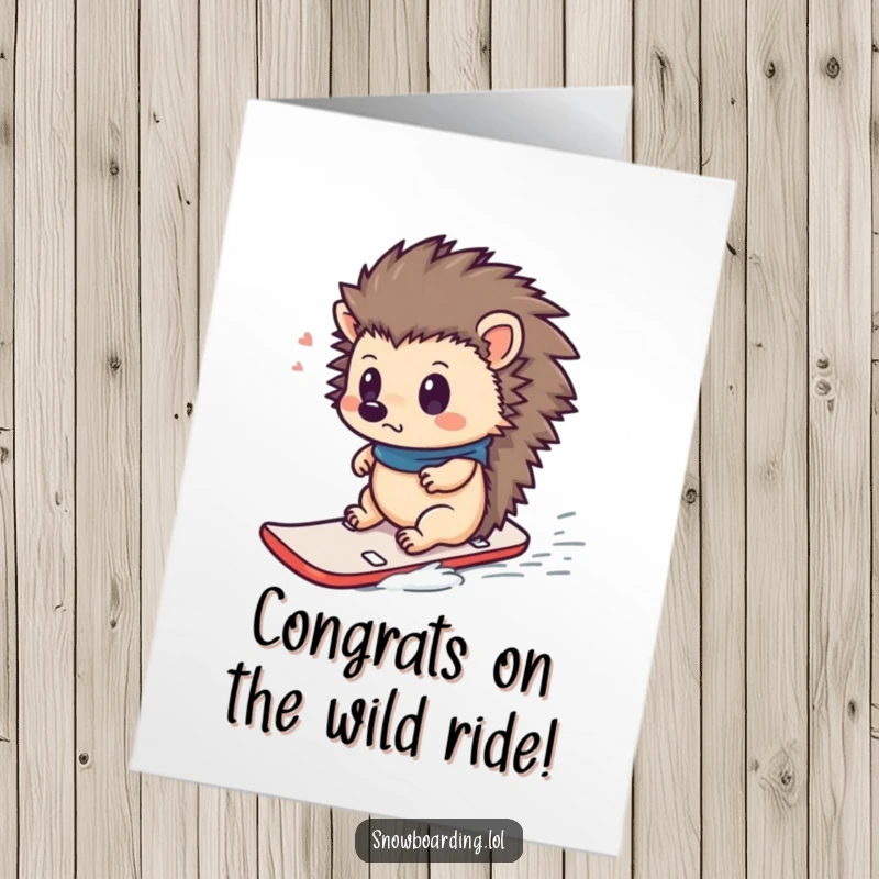 Funny Free Printable Congratulations Card: Curious hedgehog looks surprised riding a tiny snowboard, celebrating a cool achievement.
