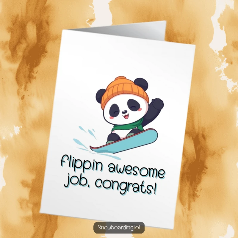 Funny Free Printable Congratulations Card showing a panda attempting a tricky snowboard flip to celebrate success.