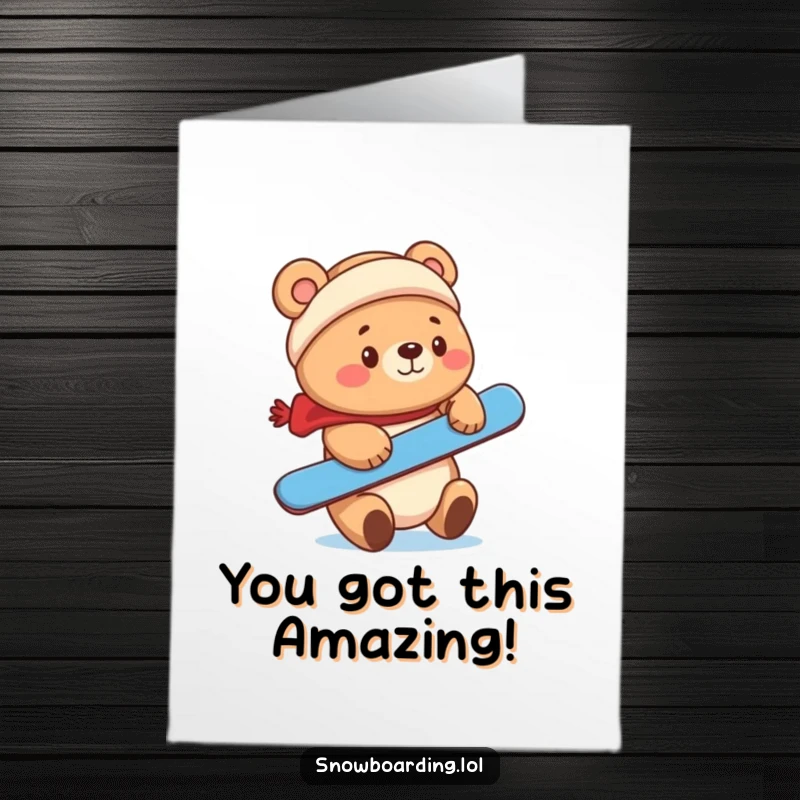 Funny Free Printable Congrats Card: A cute bear with a steady paw balances a snowboard on its nose, celebrating your amazing success. Downloadable.