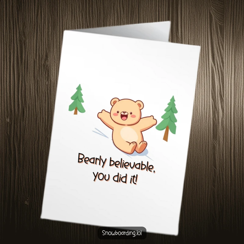 Funny Free Printable congratulations card: A happy bear slides down a snowy slope with arms outstretched, celebrating a momentous achievement with sheer delight.
