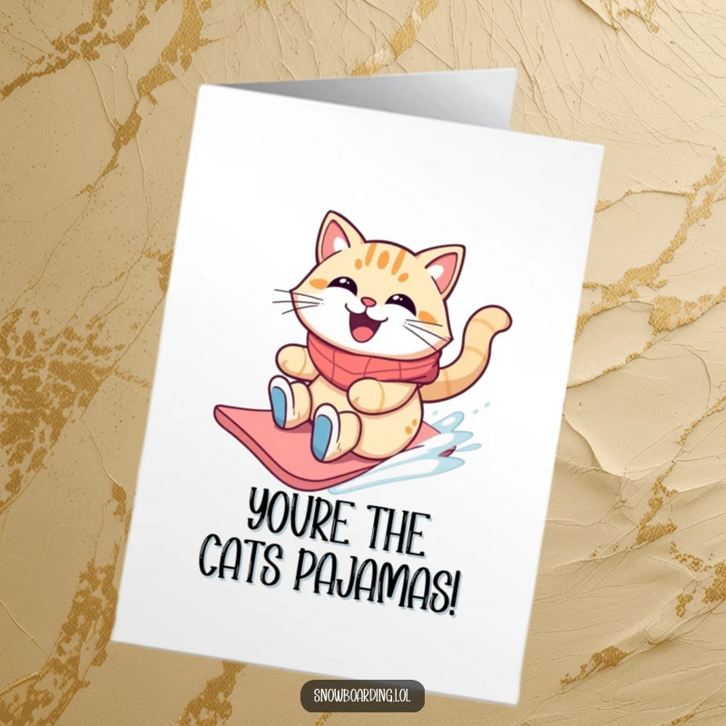 Funny Free Printable Congrats Card: A grinning cat with windblown fur slides down a mountain on a snowboard, celebrating your victory. Downloadable.