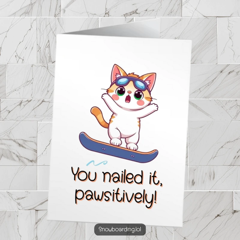 Funny Free Printable Congrats Card: Surprised cat snowboarding mid-air, a hilarious 'nailed it' moment. Downloadable art.