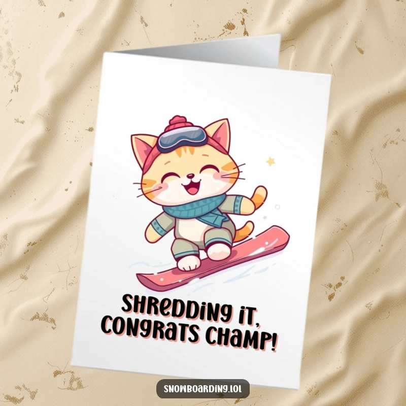 Funny Free Printable Congratulations Card: A happy cat snowboarder cruising down a snowy mountain, celebrating success with a smile.