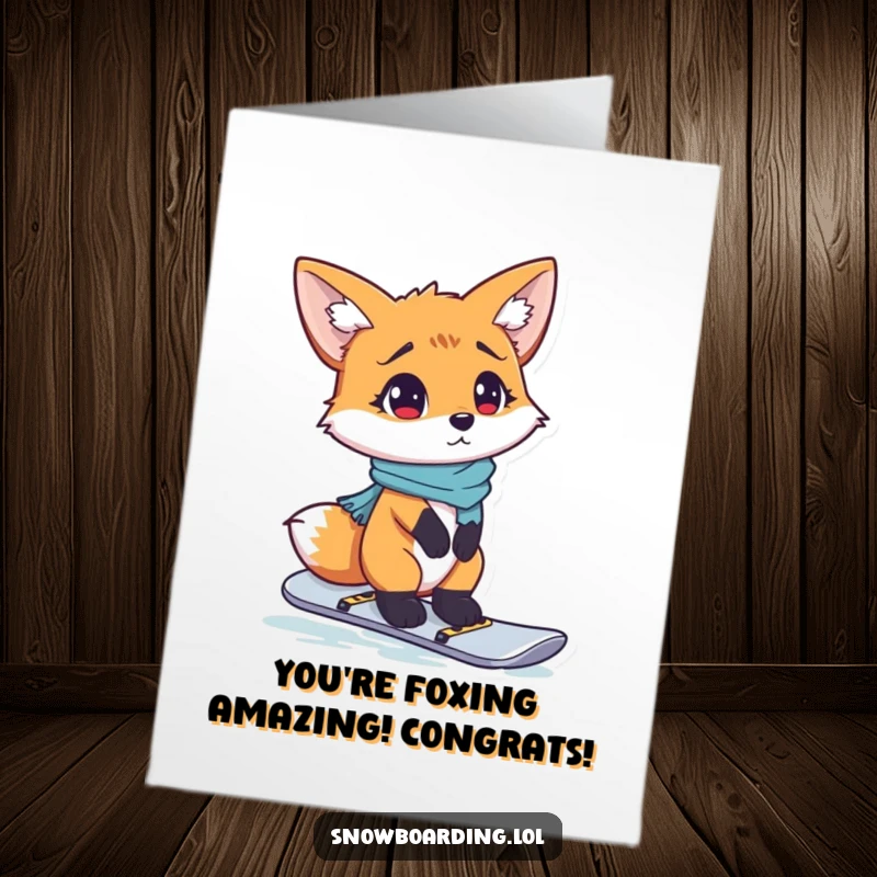 Funny Free Printable Congratulations Card: A curious fox appears bewildered, trying to figure out snowboarding.