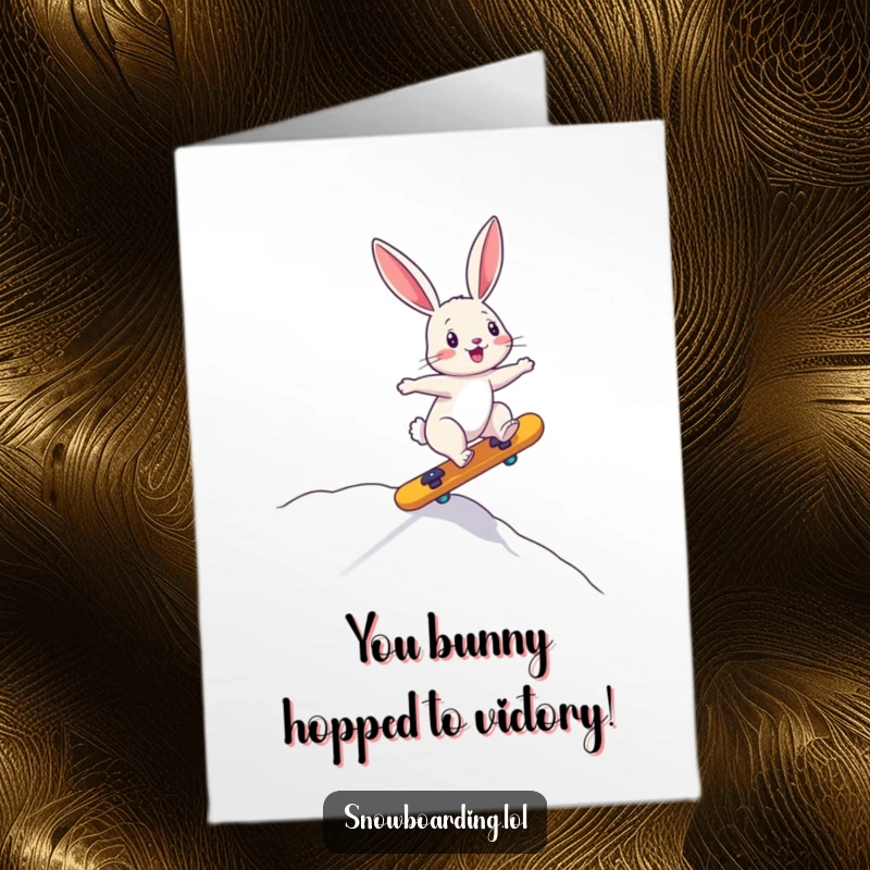 Free Printable Congratulations Card: A bouncing bunny rides a board precariously downhill, celebrating a daring accomplishment with shaky glee.