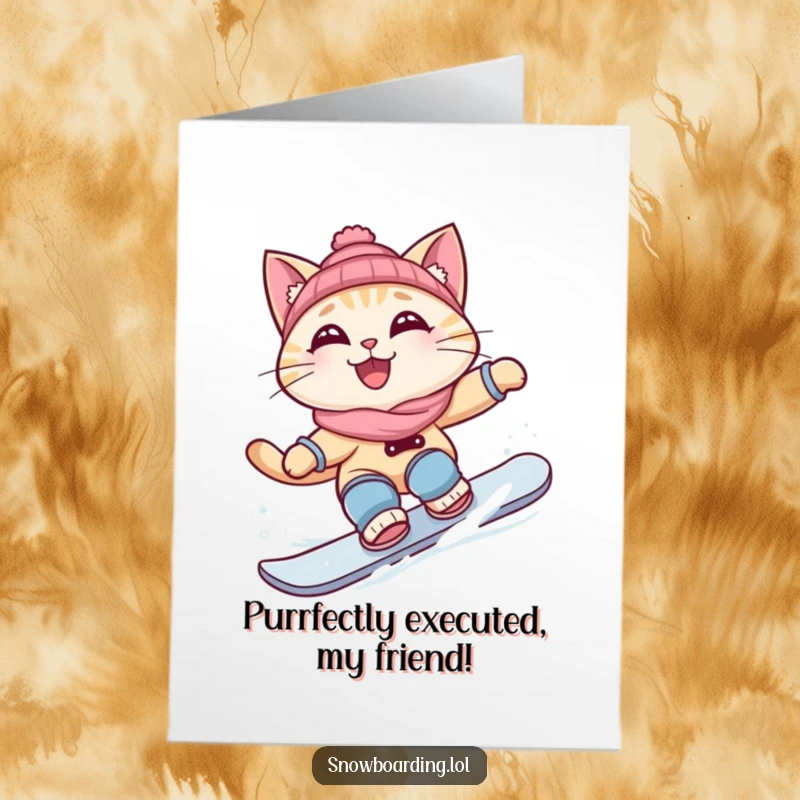 Funny Free Printable Congratulations Card: Cool Cat Carving a Snowboard Turn, Grinning While Celebrating Success