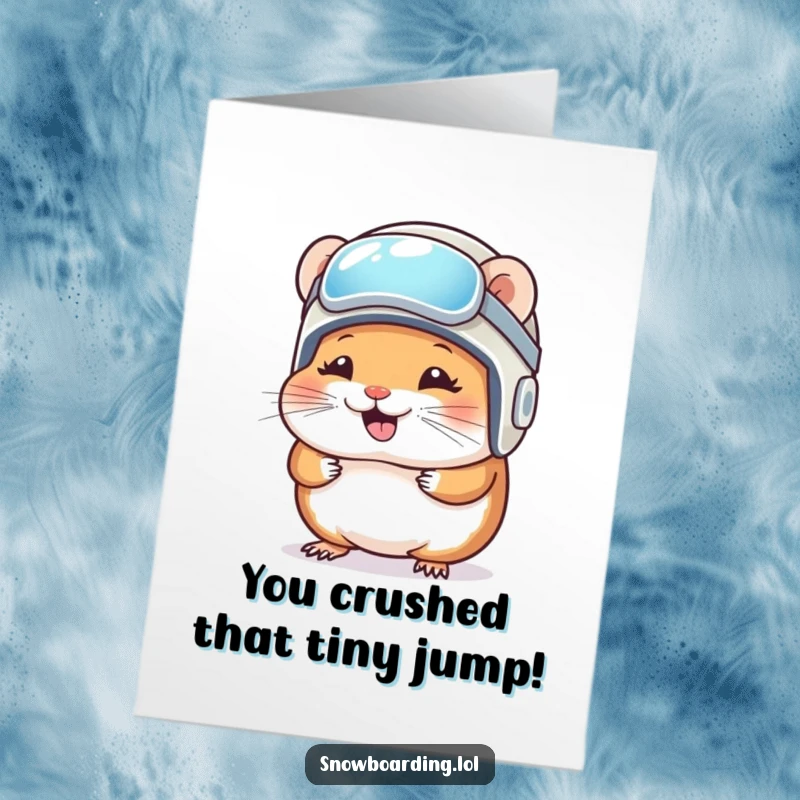 Funny Free Printable Congratulations Card: A hamster giggles while wearing a comically small snowboard helmet.