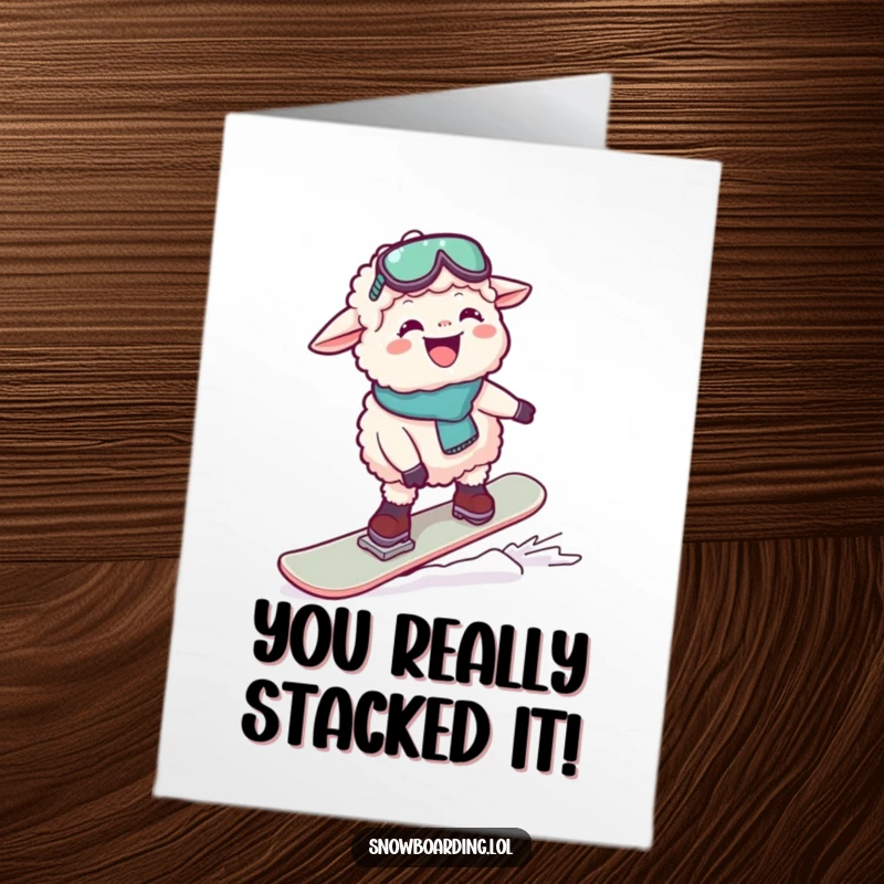Funny Free Printable Congrats Card showing a tickled sheep struggling to stay upright on a snowboard.