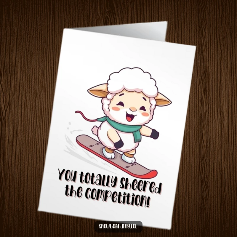 Funny Free Printable Congrats Card: A giggling sheep making a valiant, albeit awkward, effort to steer a snowboard, celebrating success.