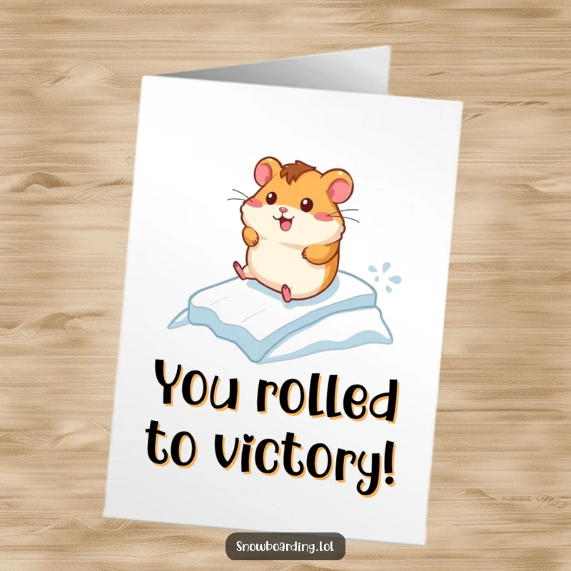 Funny Free Printable Congrats Card: Hamster speeding victoriously down an icy hill, a happy download.