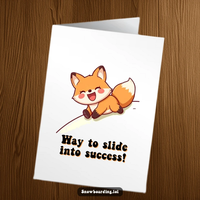 Funny Free Printable Congrats Card: A joyful fox sliding on its belly down a hill in a triumphant celebration of achievement.