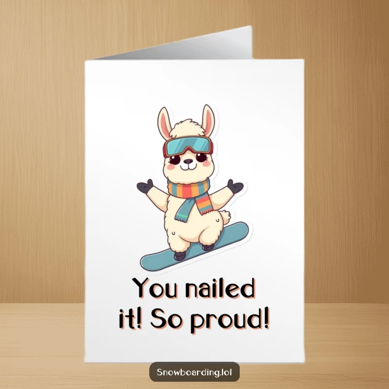 Funny Free Printable Congrats Card: Llama snowboarder celebrating a victory with a cool, triumphant pose.