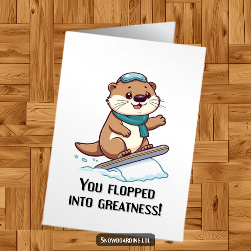 Funny Free Printable Congratulations Card: A proud otter successfully lands a small snowboard jump mid-air.