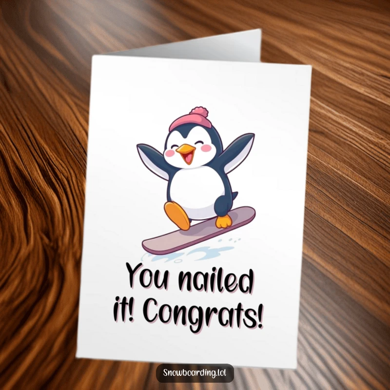 Funny Free Printable Congratulations Card: A penguin attempting a snowboard jump with flailing arms, full of playful energy.