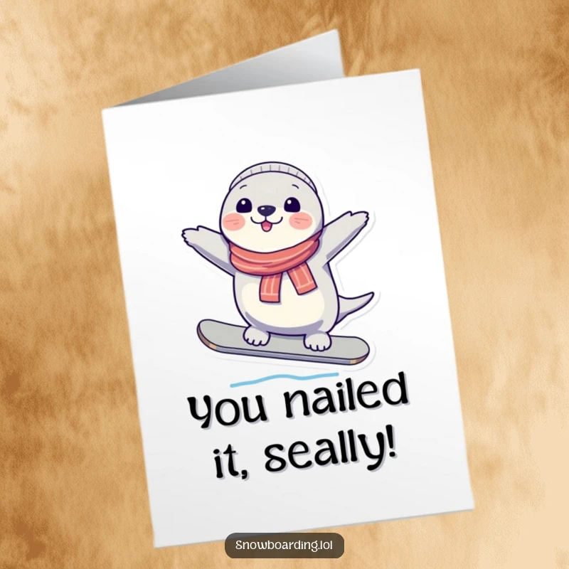 Free printable congratulations card featuring a cheerful seal balancing effortlessly on a snowboard, celebrating a win.