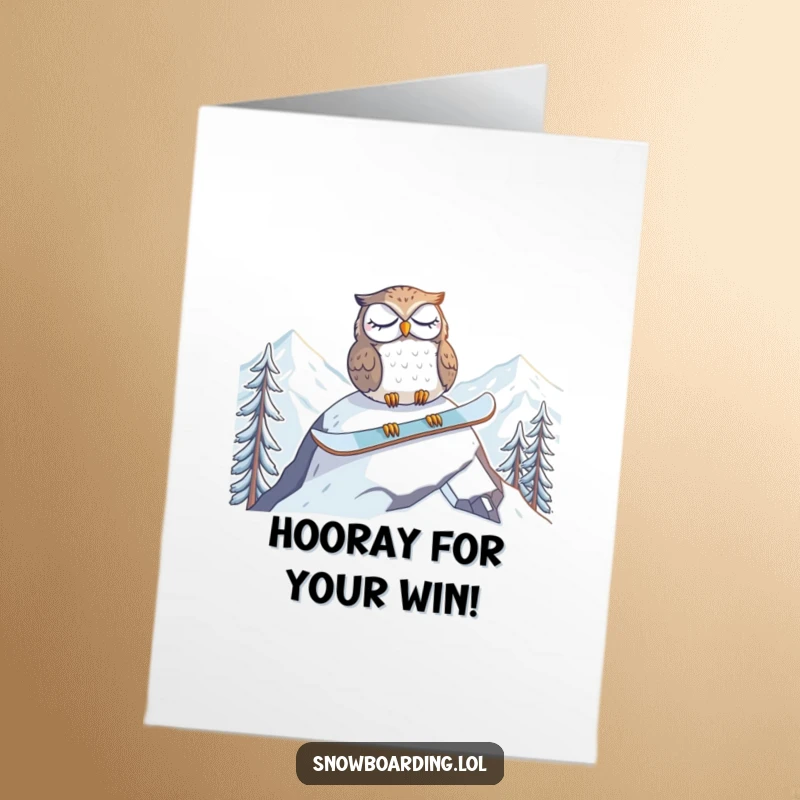 Free Printable Congratulations Card: A tired owl naps soundly on a snowboard at the mountain peak, having conquered the climb.
