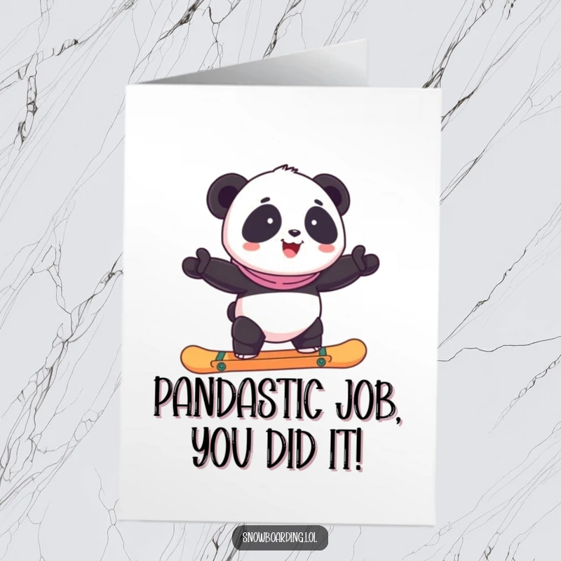 Funny Free Printable Congrats Card: A happy panda precariously balancing on a snowboard, celebrating a hard-won achievement with humor.