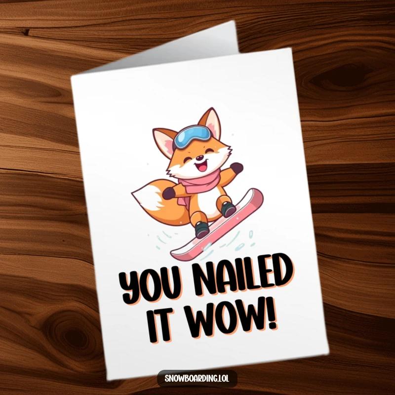 Funny Free Printable Congrats Card: A happy fox with a cheeky grin tries a snowboard flip, celebrating your awesome success. Downloadable art.