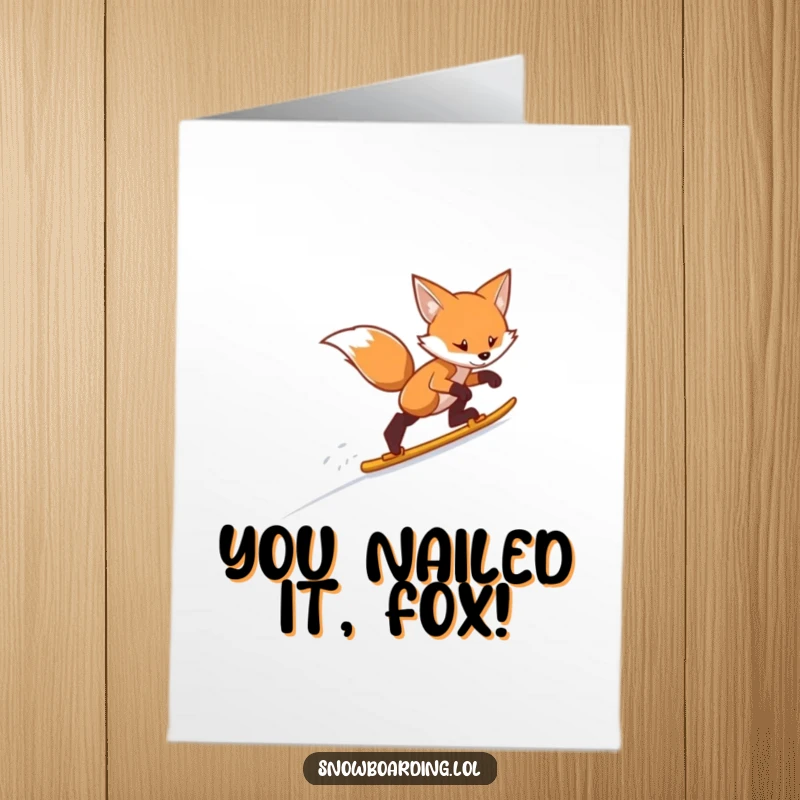 Funny Free Printable Congrats Card: A determined fox speeds downhill on skis, celebrating your amazing accomplishment with gusto.