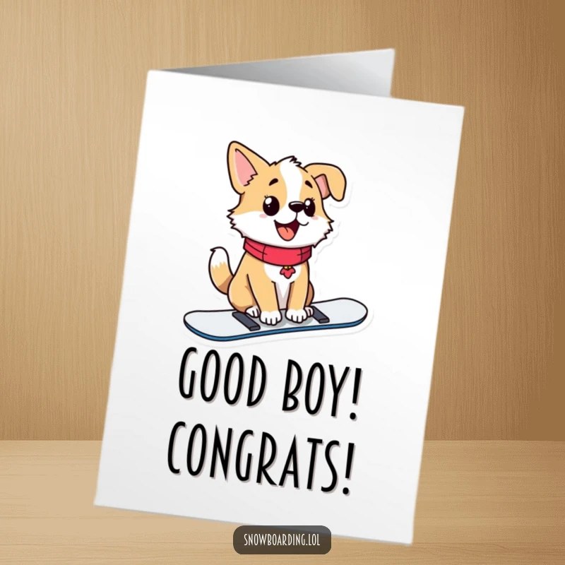 Funny Free Printable Congratulations Card: A proud dog sits proudly on a snowboard, tail wagging with excitement.