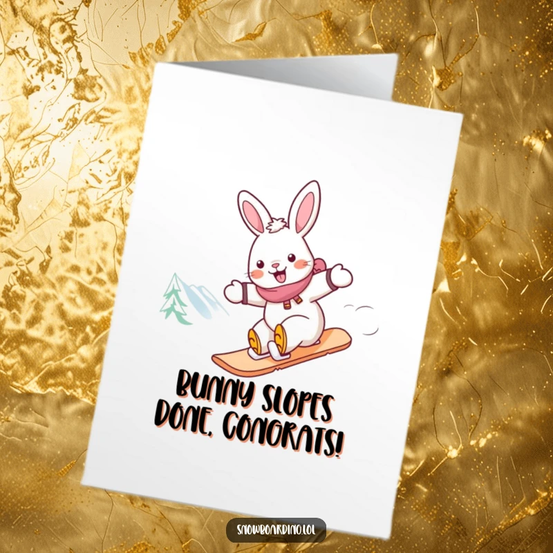 Funny Free Printable Congratulations Card: A joyful rabbit zooming downhill on a snowboard, celebrating a win.