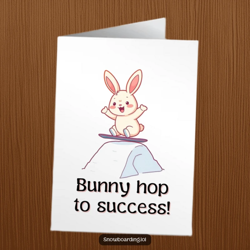Free Printable Congratulations Card: Cheerful bunny soaring over a snowboard jump, celebrating success.