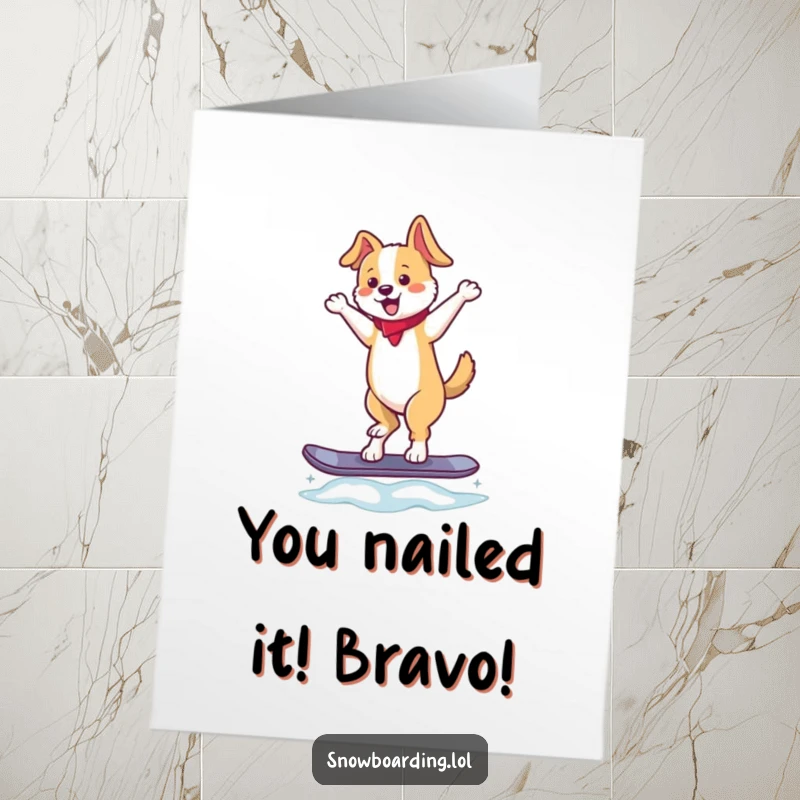Funny Free Printable Congratulations Card: A joyful dog dances on a snowboard, celebrating a big win with pure delight.
