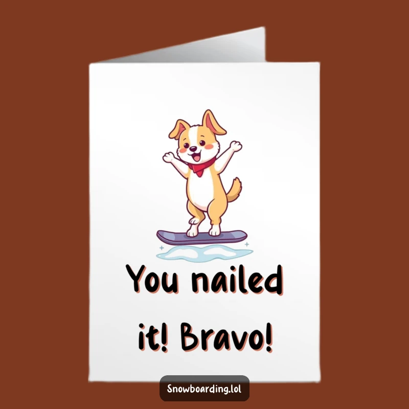 Free Printable Snowboard Dog Congrats Card: Funny Dancing Pup Success Downloadable