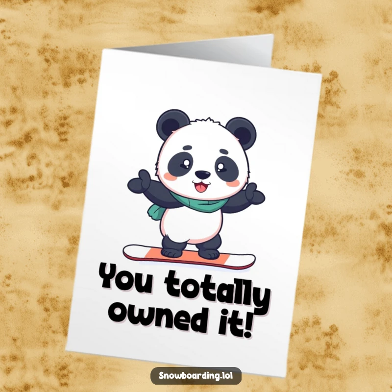 Free Printable Congratulations Card: Determined panda balancing on a snowboard, grinning with pride after success.
