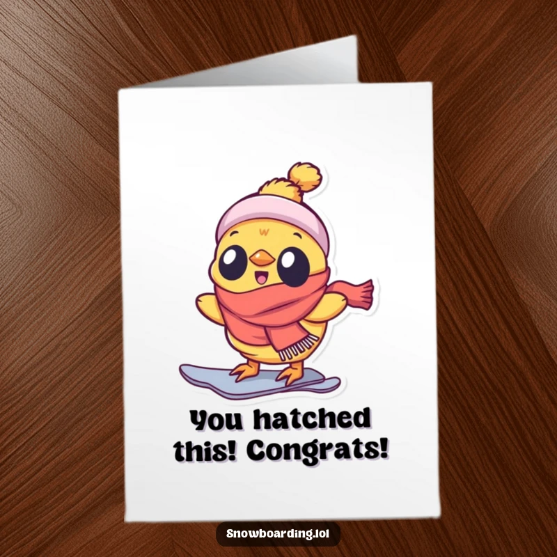 Funny Free Printable Congratulations Card: A delighted, scarf-clad chick enthusiastically rides a snowboard down a hill.