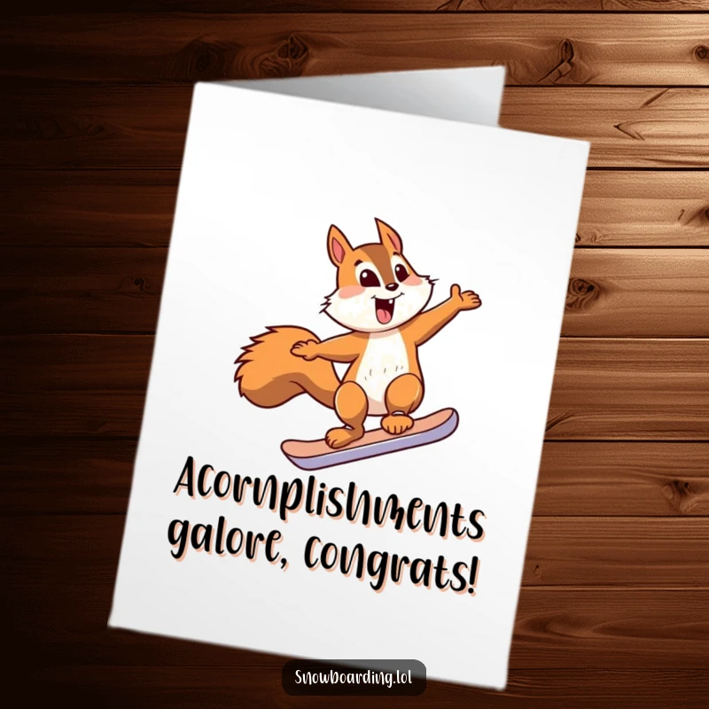 Funny Free Printable Congratulations Card of an energetic squirrel performing a jump on a small snowboard mid-air.