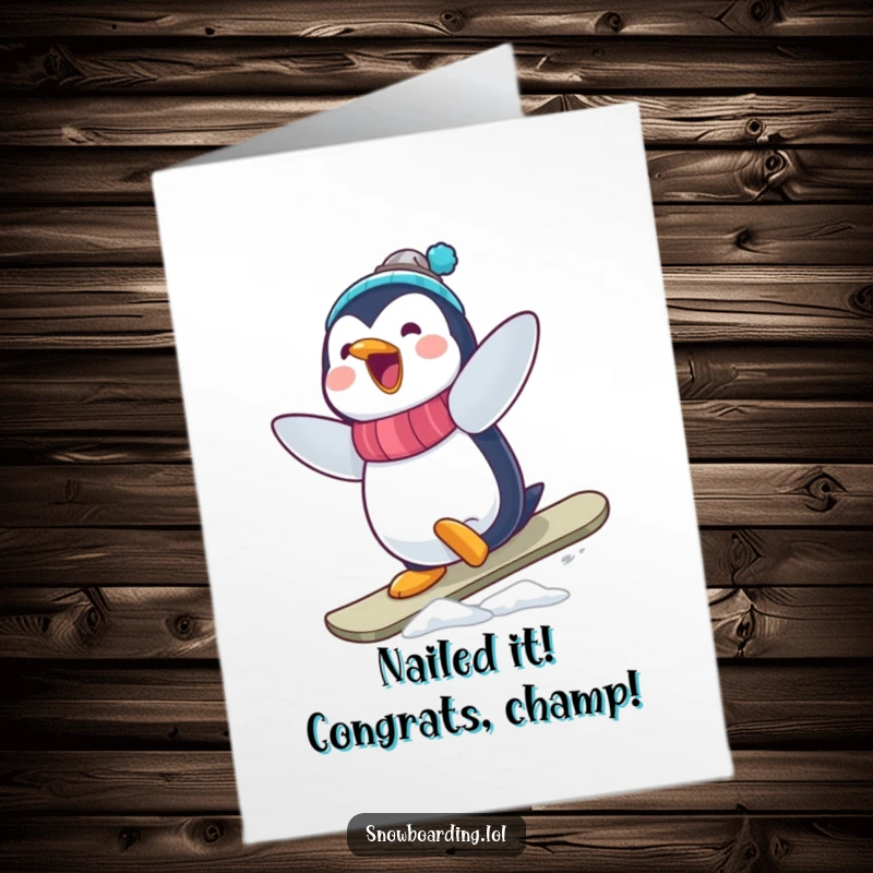 Funny Free Printable Congratulations Card: Wobbly penguin striking a victorious pose after a snowboard trick, ready to print.