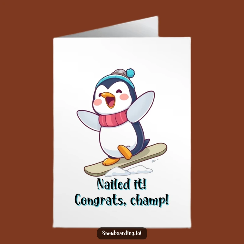Free Printable Congrats Card: Wobbly Penguin Snowboarder Success Downloadable!