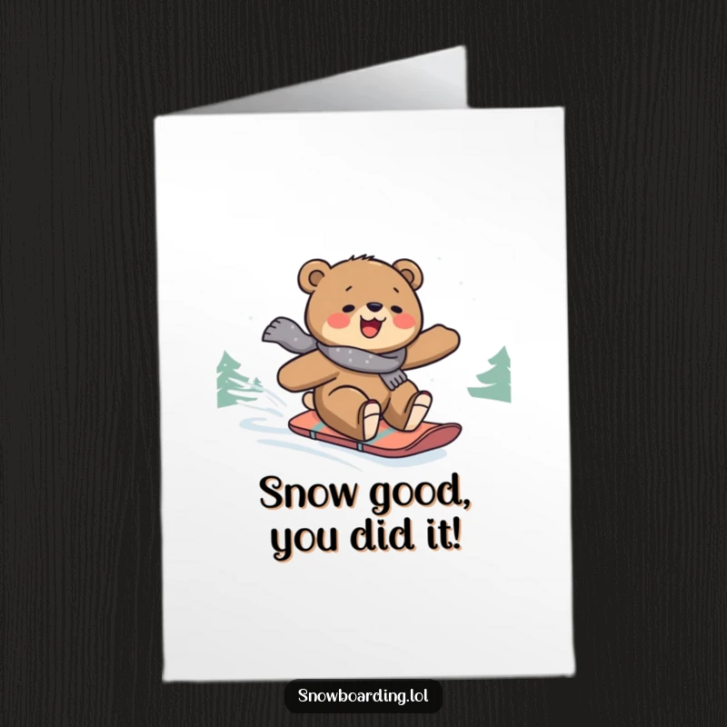 Free Printable Congratulations Card: Joyful bear snowboarding with flair, celebrating an achievement with style.